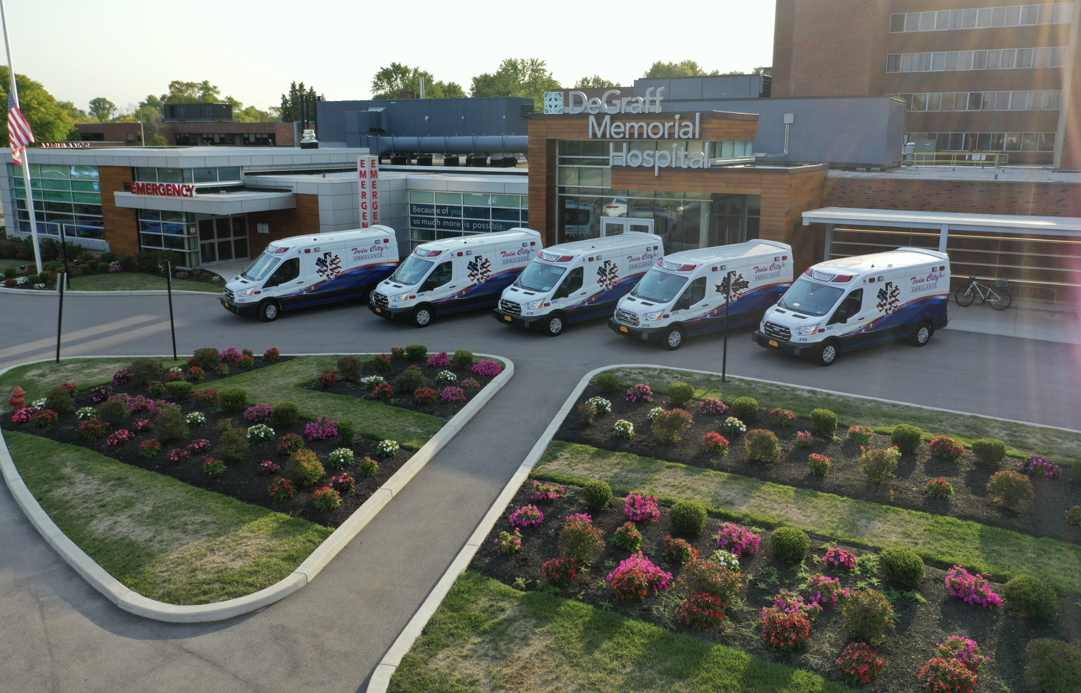 Ambulances in front of DeGraff Memorial Hospital